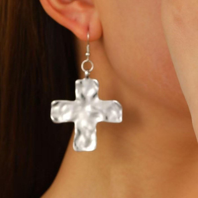 Chunky Gold Big Hammered Cross Drop Dangle Earrings for Women