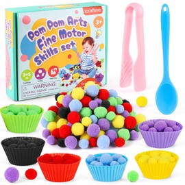 iCraftine 158 PCS Fine Motor Skills Set - 150 Pom Poms, 6 Sorting Bowls, Tweezers, Spoon, Sensory Bin Filler for Preschool Kids Counting, Sorting, Matching Training Activity