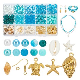 PH PandaHall 354pcs Blue Glass Beads Charms for Bracelet, 8mm Glass Beads Pearl Beads Turquoise Starfish Beads Shells Gold Marine Charms with Findings for Earring Bracelet Necklace Jewelry Making
