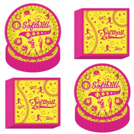 80 Pcs Softball Party Plates and Napkins for 40 Guests Softball Party Supplies Disposable Tableware Set Pink & Yellow Sports Paper Plates Napkins for Birthday Baby Shower, Sports Theme Party Supplies