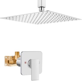 Heyalan Shower Faucet Set Square Stainless Steel Bathroom Rainfall Shower System One Handle Single Function Shower Trim Kit with Rough-in Valve Male Thread,Ceiling Mount,10 Inch,Polish Chrome
