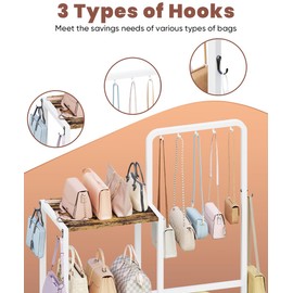 Whoonba Floor-Standing 3-Tier Purse Organizer, High-Capacity Bag Holder with 8 Hooks, Multi-Functional Purse Rack for Various Bags, Handbag Display Stand Shelf for Closet, Bedroom, Entryway, White