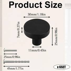 ZGIOPGEIN 6 Pcs Cupboard Knobs 30mm Matte Black Door Knobs Round Cabinet Knobs with Mounting Screws Cupboard Door Handles