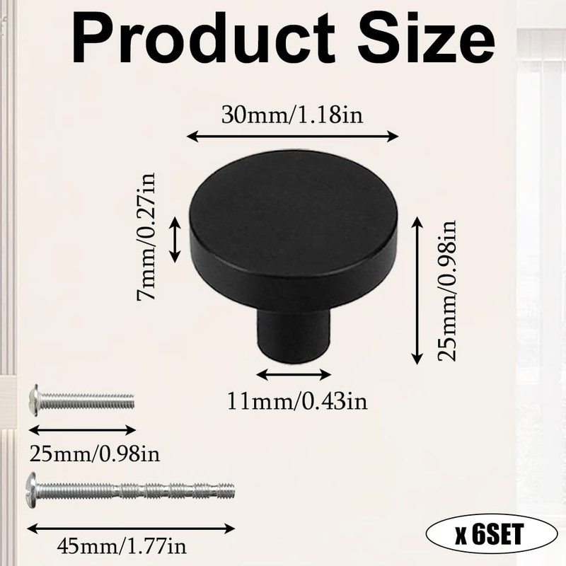 ZGIOPGEIN 6 Pcs Cupboard Knobs 30mm Matte Black Door Knobs