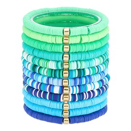 PH PandaHall Surfer Heishi Clay Bead Bracelets, 12pcs Green Blue Polymer Clay Stackable Beads Bracelet Stretchy Friendship Boho Bracelet Summer Beach Jewelry Set for Women