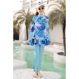 Girls Rashguard Swimwear Long Sleeve Swimsuit Kids Two Piece Skirt Pants Bathing Suit Sport Swim Sets with Hairband 7-8 Years Blue Leaf