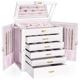 AKOZLIN Extra Large 6-Tier Jewelry Box Organizer with Mirror, 5 Drawers Leather Jewelry Storage Case for Women Girls Ring Necklace Earring Bracelet White
