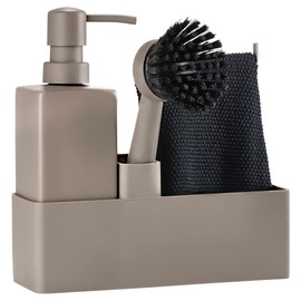 Zone Denmark Set of 4 Dishwasher Accessories with Soap Dispenser/Dishwashing Liquid Dispenser, Cloth and Dish Brush, 19 x 6 x 20.5 cm, Taupe