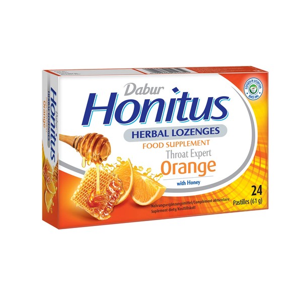 Dabur Honitus Herbal Lozenges | Effective Relief from Cough & Sore Throat Pain | Orange Flavor - 24 Lozenges