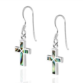 Aeravida Mini Cross Inlaid Abalone Shell .925 Sterling Silver Dangle Earrings