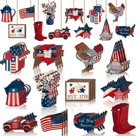 36 Pcs 4th of July Vintage Ornaments Patriotic Wooden Decorations for Tree Wooden Memorial Day Red White Blue Hanging Decorations for Independence Day Party Small Tree Home Party