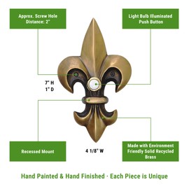 Waterwood Solid Brass Large Fleur De Lis Doorbell in Antique Finish - Wired & Illuminated Push Button from Environmentally Friendly Recycled Material