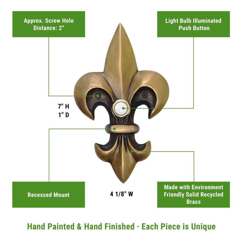 Waterwood Solid Brass Large Fleur De Lis Doorbell in Antique