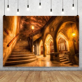 AOFOTO 12x8ft Vintage Medieval Castle Interior Backdrop Retro Archway Columns Photography Background Old Stairway Dim Light Architecture Pillars Photo Studio Props Wedding Artistic Portrait Vinyl