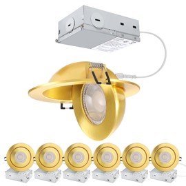 POPANU 4 inch LED Recessed Light - 9W Gold Gimbal Recessed Lighting Canless Soffit Swivel Eyeball 90° Tilt Wafer Slope Ceiling Adjustable Spotlight Dimmable for Accent Lighting Gold 6 Pack