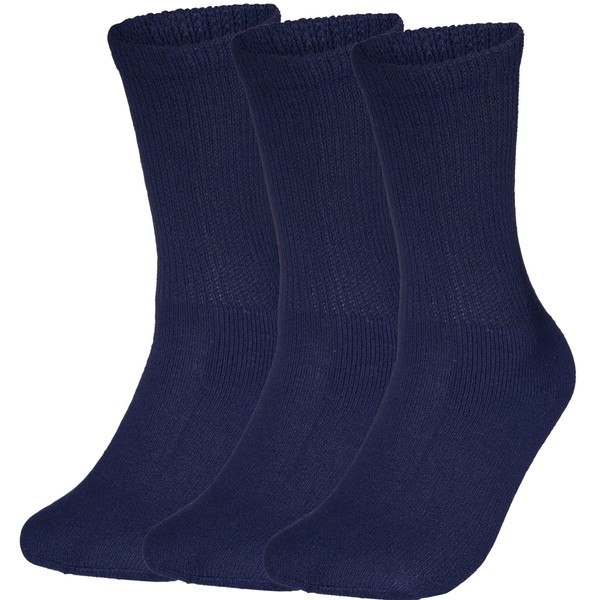 Special Essentials 3 Pairs Cotton Diabetic Crew Socks - Non-Binding Wide Top Comfort & Support for Men & Women (as1, alpha, x_l, regular, regular, Navy)