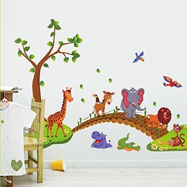 Kibi Green Tree Cute Lion Rabbit Giraffe Elephant Crossing The Bridge Wall Sticker Animals Wall Sticker Baby Room Removable Wall Sticker Animals Nursery Wall Pictures 86 (W) x 135 (H) cm