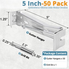 Quick Screw Gutter Hangers - 5" Hidden Roof Gutter Support Brackets for Sagging 5 Inch K-Style Aluminum Gutters Repair, Comes with 1/4” Hex Drill Bit, 50 Pack