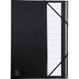 Exacompta 56012E Premium Folder with Hard Cover for DIN A4 and 12 Compartments 1-12 with Expandable Spine, 2 Elastic Bands, Plastic Tabs, Expanding Folder, Black