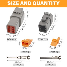 Deutsch DTM Grey 6 Pin Connectors 5 Sets, Waterproof Electrical Wire Connector with Stamped Contacts and Seal Plug for Truck, Off-Road Vehicles, Construction, Agriculture, Marine, Motorcycle Wiring