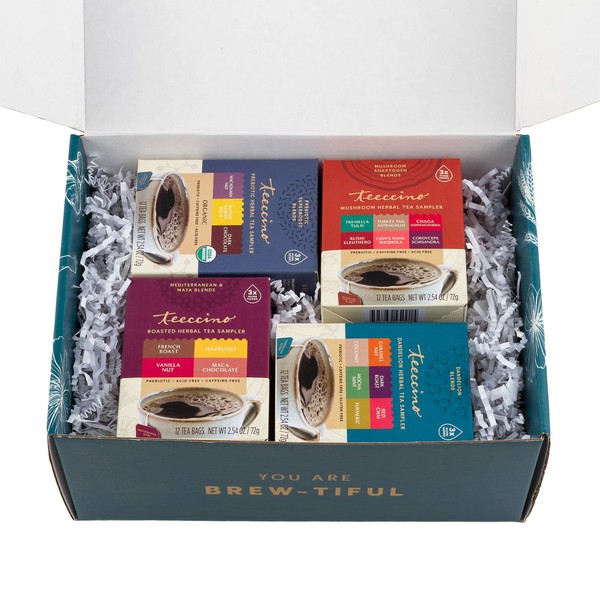 Teeccino Herbal Tea Gift Set - 48 Tea Bag Assortment in 4 Sampler Boxes with Decorative Gift Box - Prebiotic SuperBoost, Dandelion, Mushroom Adaptogen & Classic Herbal Tea Samplers, Caffeine Free