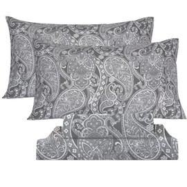 KACEMOO Bed Sheets King Size Gray Paisley Sheets Printed Floral Sheet Set Flower Pattern Deep Pocket Fitted Bed Sheet Set Microfiber Soft Breathable 1800 Thread Count Double Bedding Set