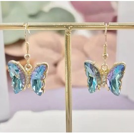 Unbranded Light BLUE Glass Butterfly DANGLE Earrings - High Quality Thick Gold Purple