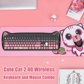 Cute Cat 2.4G USB Wireless Keyboard and Mouse Combo, Silent Keys, Candy Colors, Compatible with Notebook, PC (BlackPink-110Keys)