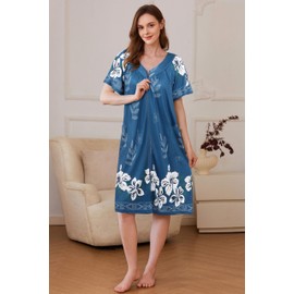 Ekouaer Women's Robe Zip Up Knee Length Bathrobe Zippered Floral Print Mumu Robe with Pockets Comfy Pleated Neckline Loungewear Robes Blue Floral S