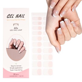 Semi Cured Gel Nail Strips - Semi Cured Gel Nail Wraps - 20 Pcs French Tip Stickers Salon-Quality Gel Nail Strips with Nail File & Wooden Cuticle Stick