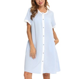 YOZLY House Dress for Women Short Sleeve House Coats Dusters Robe Moomoo nightgowns with Pockets, Light Blue, Large