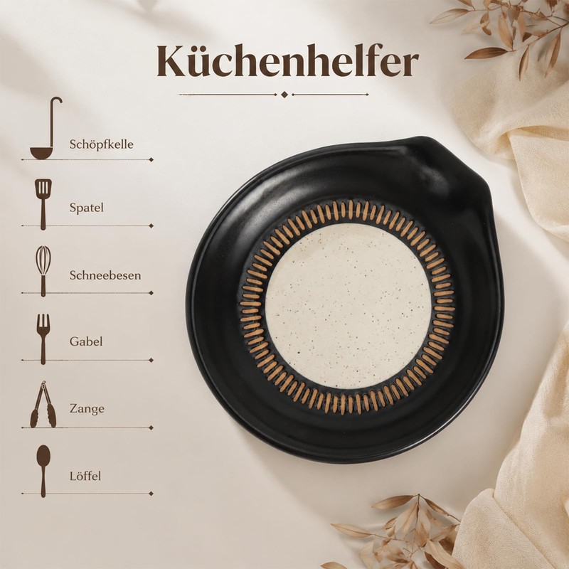 Portacucchiai in Ceramica Nera, Appoggia da Cucina per Cucchiai E