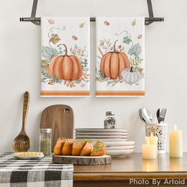 Artoid Mode Eukalyptus Leaves Pumpkins Autumn Kitchen Towels Dish Towels, 42x65 cm Seasonal Fall Decoration Hand Towels Set of 2