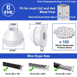 CKE 50 Pack White Replaceable Cable Railing Rubber Grommet for 1/8" 5/32" 3/16" Cables for Metal Cable Railing Post, Cable Railing Kit Protector Sleeve Grommet, Cable Railing Protective Sleeves, CR10