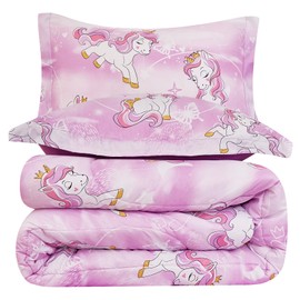 Yibeizi Unicorn Kids Comforter Set for Girls Full Size, Cute Quilted Lavender Printed Bedding Set with Pillow Sham, Lightweight Soft Breathable Machine Washable Bed Set 3 Piece