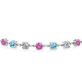 Gem Stone King 2.65 Ct Round Pink Created Sapphire Blue Apatite 925 Sterling Silver Lab Grown Diamond Tennis Bracelet For Women (Fully Adjustable Up to 9 Inch)