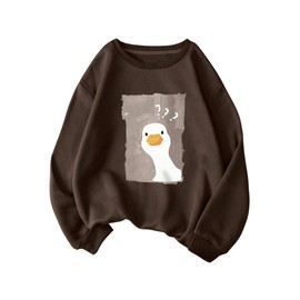 WDIRARA Women's Cartoon Duck Printed Crew Neck Sweatshirt Graphic Long Sleeve Loose Pullover Chocolate Brown Medium