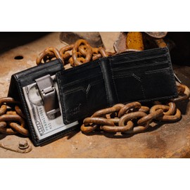 House of Jack Co. Maverick Bifold Money Clip Wallet for Men, Front Pocket Card Holder with Exterior ID Window, Full Grain Cowhide Leather Wallet, Black