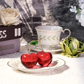 OwnMy Crystal Cherry Figurine Small Crystal Cherry Ornament Decorative Crystal Fruit Collectible Figurines, Sparkly Crystal Glass Cherry Paperweight for Tabletop Centerpiece Home Office Desktop Decor