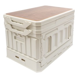 Foldable Storage Box with Wooden Lid 25 Gal,Portable Camping Box Table Multifunctional Collapsible Storage Container for Outdoor Camping Picnic Fishing (White)