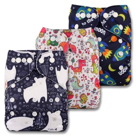 Littles & Bloomz, Reusable Pocket Cloth Nappy, Fastener: Popper, Set of 3, Patterns 305, with 3 Bamboo Charcoal Inserts