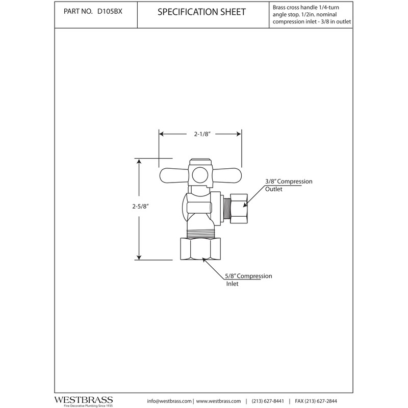 Westbrass D105BX-07 1/4-Turn Cross Handle Angle Stop Shut Off Valve,