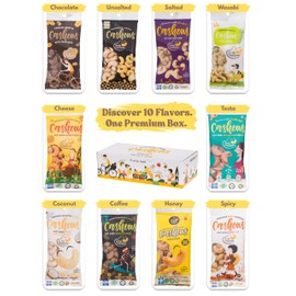 Gold Cashew Variety Pack – 10 Roasted Cashew Flavors (Coconut, Wasabi, Honey, Spicy, Salted, Unsalted, Coffee, Cheese, Chocolate, Testa) – 10 x 50g Bags – Vietnamese Snack Gift Box for Family, Non GMO