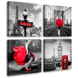 JiazuGo Red Paris Decor for Bedroom Black and White Wall Art for Living Room Eiffel Tower Decor Red City Buildings Canvas Pictures Brooklyn Bridge London Big Ben Modern Art Valentine'S Day
