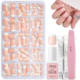 DMQ French Press on Nails Kit - 240Pcs Square False Nails Short - Nude Color Fake Nails White Tip French False Nail Kit - Full Cover Stick on Nail with Glue for Women Girls DIY Nail Art Manicure