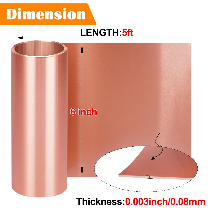 6in x 5Ft Copper Sheet Roll, YuJingKey Copper Foil Sheet
