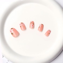 BFY Flower Press on Nails Medium Almond Fake Nails, Small Pink Flowers Acrylic Nails Kit, Spring Summer Nude Glossy Gel Manicure Stick on Nails Full Cover False Nail Tips 24Pcs