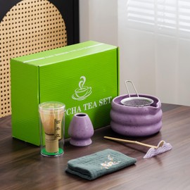 7Pcs Japanese Matcha Tea Set, Matcha Kit with Matcha Bowl (with Pouring Spout), Matcha Whisk, Whisk Holder, Strainer - Elegant Matcha Set for Gifting and Personal Use, Gift Box Packaging (Purple;)