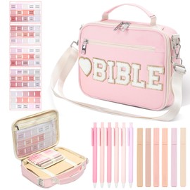 Paterr Large Chenille Letter Bible Cover for Women with Bible Study Supplies 6 Colored Gel Pen 6 Highlighters 2 Set Tab Stickers Church Bag with Handle Shoulder Strap for Christmas Christian Gift