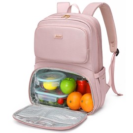 LABOMO Lunch Backpack for Women Work: Men 16 Inch Laptop Backpack with Insulated Leak Proof Lunch Compartment Large Picnic Lunchbox Bag Meal Prep Bookbag for Nurse Teacher Commuter Travel Pink